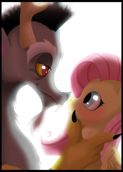 Size: 604x842 | Tagged: safe, artist:blazemizu, derpibooru import, discord, fluttershy, cute, discoshy, female, male, nose kiss, shipping, straight