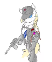 Size: 284x341 | Tagged: safe, artist:arzt, derpibooru import, oc, oc:aryanne, unofficial characters only, pony, bipedal, blonde, bowtie, c96, clothes, female, flockmod, gun, handgun, hat, heart, pistol, soldier, solo, special agent, suit, supertrooper, uniform, weapon