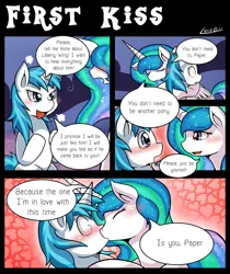 Size: 1300x1544 | Tagged: safe, artist:vavacung, derpibooru import, princess celestia, oc, oc:paper mache, pony, comic:to love god - to love mortal, blushing, canon x oc, comic, crying, female, kissing, lesbian, mare, open mouth, smiling, sweat