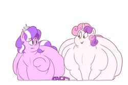 Size: 838x558 | Tagged: safe, artist:secretgoombaman12345, derpibooru import, diamond tiara, sweetie belle, belly, chubby, chubby cheeks, chubby diamond, double chin, fat, glasses, implied digestion, implied twist, implied vore, impossibly large butt, impossibly wide hips, kitchen eyes, morbidly obese, neckboobs, nervous, obese, sweat, sweatdrop, sweetie belly, tongue out, wide hips