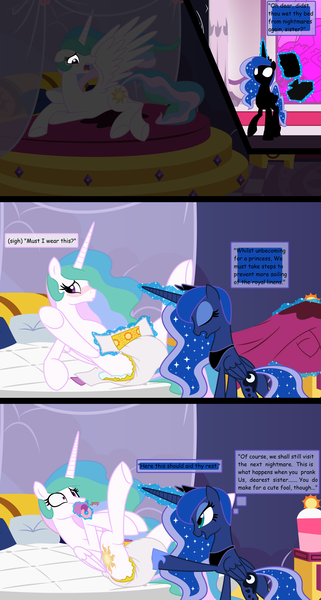 Size: 5300x9900 | Tagged: absurd resolution, ageplay, artist:evilfrenzy, comic, cute, diaper, diaper fetish, diapering, implied bedwetting, pacifier, poofy diaper, princess celestia, princess luna, suggestive, urine