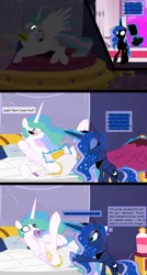 Size: 5300x9900 | Tagged: absurd resolution, ageplay, artist:evilfrenzy, comic, cute, diaper, diaper fetish, diapering, implied bedwetting, pacifier, poofy diaper, princess celestia, princess luna, suggestive, urine