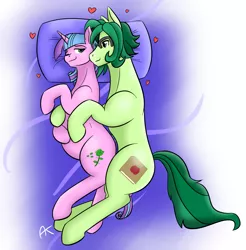 Size: 1971x2000 | Tagged: safe, artist:appelknekten, derpibooru import, oc, oc:appel, oc:ivy lush, unofficial characters only, earth pony, pony, unicorn, bed, bedroom eyes, cuddling, female, glasses, heart, hug, male, pregnant, shipping, side, smiling, snuggling, straight, wink