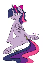 Size: 1440x2100 | Tagged: suggestive, artist:bloody--mascarade, derpibooru import, twilight sparkle, twilight sparkle (alicorn), alicorn, pony, bedroom eyes, bow, featureless crotch, female, fluffy, looking at you, looking back, mare, sitting, smiling, tail wrap, underhoof