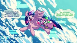 Size: 1600x900 | Tagged: safe, artist:panyang-panyang, derpibooru import, spike, twilight sparkle, twilight sparkle (alicorn), alicorn, pony, artificial wings, augmented, cloud, cloudy, female, flying, flying lesson, frown, magic, magic wings, mare, raised eyebrow, sky, smiling, spread wings, wings