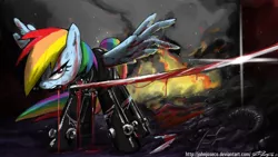 Size: 1920x1080 | Tagged: angry, artist:johnjoseco, badass, blood, bloody, crossover, death, derpibooru import, edgy, fire, gantz, gore, grimdark, katana, mouth hold, rainbow dash, solo, sweat, sword, unsafe, weapon