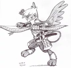 Size: 2512x2396 | Tagged: safe, artist:topgun308, derpibooru import, gilda, gryphon, armor, arrow, bow and arrow, bow (weapon), katana, samurai, sketch, solo, sword, traditional art, weapon