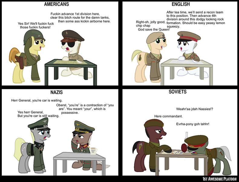 Size: 960x729 | Tagged: 1st awesome platoon, alcohol, artist:ethanchang, british army, derpibooru import, grammar nazi, military, military uniform, nazi, safe, soviet union, stereotype, us army, vulgar, world war ii