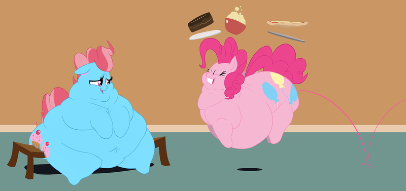 Size: 1280x603 | Tagged: artist:calorie, belly, belly button, cake, cup cake, derpibooru import, fat, feeding, impossibly large belly, impossibly wide hips, morbidly obese, obese, piggy pie, pinkie pie, pizza, pronking, pudding, pudgy pie, questionable, thick cup cake, this will end in heartburn, weight gain, wide hips