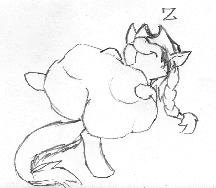 Size: 1659x1443 | Tagged: applejack, artist:wesleyfoxx, belly, derpibooru import, fetish, monochrome, monster pony, nose in the air, on back, original species, predajack, questionable, race swap, sketch, sleeping, smiling, soft vore, tatzljack, tatzlpony, vore