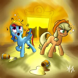 Size: 1024x1024 | Tagged: applejack, blushing, derpibooru import, drunk, drunk aj, drunker dash, rainbow dash, safe, saloon, singing