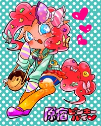 Size: 572x716 | Tagged: safe, artist:29axa, derpibooru import, pinkie pie, bow, candy, clothes, cute, diapinkes, food, hair accessory, hair bow, harajuku, heart, no pupils, polka dot background, purse, skirt, socks, solo, starry eyes, thigh highs, wingding eyes, zettai ryouiki