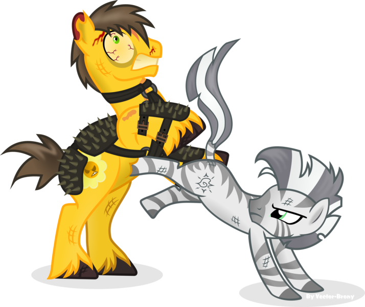 Size: 4136x3474 | Tagged: safe, artist:vector-brony, derpibooru import, oc, oc:daff, oc:xenith, unofficial characters only, earth pony, pony, zebra, fallout equestria, fanfic, bloodshot eyes, duo, eye bulging, fallout, fanfic art, female, image, male, mare, png, simple background, stallion, transparent background, zebra oc