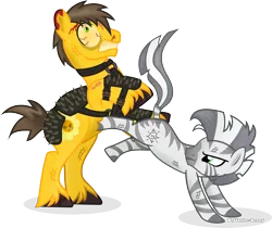 Size: 4136x3474 | Tagged: safe, artist:vector-brony, derpibooru import, oc, oc:daff, oc:xenith, unofficial characters only, earth pony, pony, zebra, fallout equestria, fanfic, bloodshot eyes, duo, eye bulging, fallout, fanfic art, female, image, male, mare, png, simple background, stallion, transparent background, zebra oc