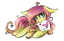 Size: 1519x982 | Tagged: artist:wilvarin-liadon, derpibooru import, drawing, floppy ears, fluttershy, folded wings, looking at you, lying, lying down, mouth hold, safe, simple background, solo, white background