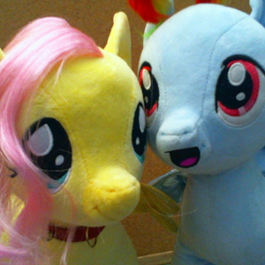 Size: 300x300 | Tagged: safe, derpibooru import, fluttershy, rainbow dash, build-a-bear, collar, female, flutterdash, lesbian, shipping