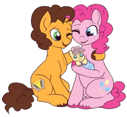 Size: 500x462 | Tagged: safe, artist:lulubell, derpibooru import, cheese sandwich, pinkie pie, oc, oc:party popper, pony, baby, baby pony, cheesepie, cute, family, female, male, next generation, offspring, parent:cheese sandwich, parent:pinkie pie, parents:cheesepie, shipping, simple background, straight, transparent background