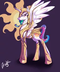 Size: 1200x1433 | Tagged: safe, artist:dragk, derpibooru import, princess celestia, alicorn, pony, armor, bedroom eyes, blushing, female, looking at you, mare, smiling, solo, spread wings