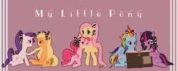 Size: 1200x480 | Tagged: safe, artist:mugijiru, derpibooru import, applejack, fluttershy, pinkie pie, rainbow dash, rarity, twilight sparkle, twilight sparkle (alicorn), alicorn, pony, alternate hairstyle, book, female, incorrect leg anatomy, mane six, mare