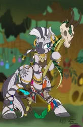 Size: 656x1000 | Tagged: artist:anime-apothecary, artist:dfectivedvice, bipedal, colored, derpibooru import, fantasy class, mask, midriff, safe, semi-anthro, skull, solo, staff, witch doctor, zebra, zecora