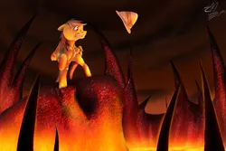 Size: 1024x683 | Tagged: artist:hedwigowl, daring do, derpibooru import, hat, lava, safe, solo, volcano