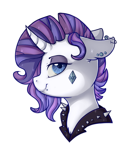 Size: 1341x1500 | Tagged: safe, artist:shyshyoctavia, derpibooru import, rarity, pony, unicorn, alternate hairstyle, alternative cutie mark placement, bust, choker, ear piercing, facial cutie mark, floppy ears, lidded eyes, lip piercing, piercing, portrait, punk, safety pin, simple background, smiling, solo, spiked choker, transparent background