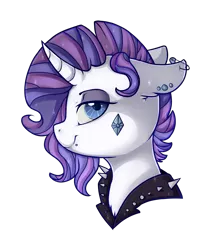Size: 1341x1500 | Tagged: safe, artist:shyshyoctavia, derpibooru import, rarity, pony, unicorn, alternate hairstyle, alternative cutie mark placement, bust, choker, ear piercing, facial cutie mark, floppy ears, lidded eyes, lip piercing, piercing, portrait, punk, safety pin, simple background, smiling, solo, spiked choker, transparent background