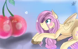 Size: 1262x791 | Tagged: artist:mrscurlystyles, blushing, cherry, derpibooru import, fluffy, fluttershy, frown, heart, prone, safe, solo, unshorn fetlocks