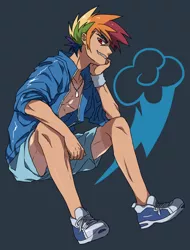 Size: 724x953 | Tagged: artist:megarexetera, clothes, derpibooru import, human, humanized, open clothes, open shirt, rainbow blitz, rainbow dash, rule 63, safe, smirk, solo, tan lines