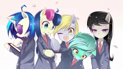 Size: 2500x1406 | Tagged: safe, artist:cyanaeolin, derpibooru import, bon bon, derpy hooves, lyra heartstrings, octavia melody, sweetie drops, vinyl scratch, pony, semi-anthro, background five, bipedal, clothes, cute, parody, school uniform, suit, sunglasses