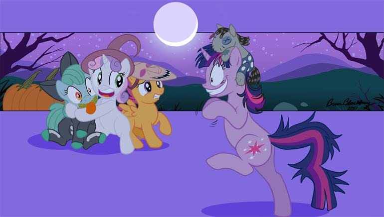 Size: 770x436 | Tagged: apple bloom, artist:brianblackberry, clothes, costume, cutie mark crusaders, derpibooru import, lock shock and barrel, nightmare night, safe, scootaloo, smarty pants, sweetie belle, the nightmare before christmas, twilight snapple, twilight sparkle