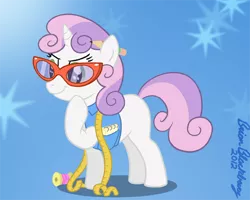 Size: 471x377 | Tagged: artist:brianblackberry, bottomless, clothes, derpibooru import, glasses, measuring tape, notebook, partial nudity, safe, simple background, solo, sweetie belle, thread