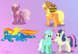 Size: 1003x700 | Tagged: safe, artist:brianblackberry, derpibooru import, applejack, bon bon, cheerilee, lyra heartstrings, spitfire, sweetie drops, apple, bell, bucket, flying, leaves, mouth hold, simple background