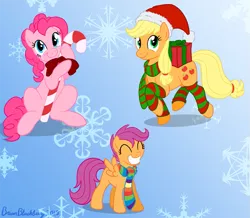 Size: 763x666 | Tagged: safe, artist:brianblackberry, derpibooru import, applejack, pinkie pie, scootaloo, candy cane, clothes, leg warmers, scarf, simple background