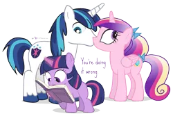Size: 1080x720 | Tagged: safe, artist:dm29, derpibooru import, princess cadance, shining armor, twilight sparkle, alicorn, pony, unicorn, book, bow, female, filly, filly twilight sparkle, funny, hair bow, kissing, looking back, male, mare, reading, shiningcadance, shipping, simple background, stallion, straight, tail bow, transparent background, trio, unicorn twilight, you're doing it wrong, younger