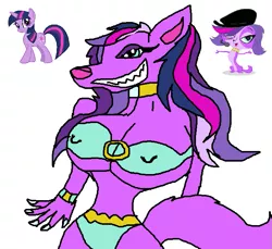 Size: 697x638 | Tagged: suggestive, artist:desu, derpibooru import, twilight sparkle, anthro, dog, pony, unicorn, 1000 hours in ms paint, anthro with ponies, bedroom eyes, bra, breasts, clothes, collar, erect nipples, female, fusion, grin, gritted teeth, littlest pet shop, mare, ms paint, nipple outline, nipples, sidemouth, simple background, smiling, the horror, trio, underpants, underwear, white background, zoe trent