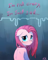 Size: 645x797 | Tagged: safe, artist:c-puff, derpibooru import, pinkie pie, pony, crying, dialogue, female, floppy ears, looking at you, looking back, looking back at you, mare, pinkamena diane pie, sad, solo, talking to viewer