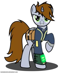 Size: 2500x3000 | Tagged: safe, artist:koshakevich, derpibooru import, oc, oc:littlepip, unofficial characters only, pony, unicorn, fallout equestria, fanfic, clothes, fanfic art, female, hooves, horn, looking at you, mare, pipbuck, saddle bag, simple background, smiling, solo, teeth, transparent background, vault suit, vector