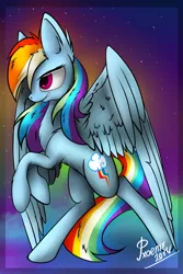 Size: 1024x1536 | Tagged: safe, artist:pxoenix2014, derpibooru import, rainbow dash, ear fluff, rearing, smirk, solo, spread wings, stars