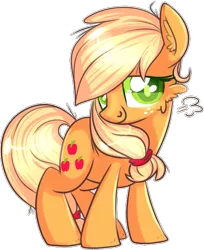 Size: 521x637 | Tagged: applejack, artist:suzuii, cute, derpibooru import, ear fluff, fluffy, hatless, jackabetes, looking at you, missing accessory, safe, shy, simple background, smiling, solo, transparent background