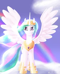 Size: 2415x2994 | Tagged: safe, artist:mcnum, derpibooru import, princess celestia, cloud, cloudy, looking at you, rainbow, smiling, solo, spread wings