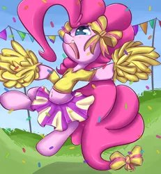 Size: 1200x1300 | Tagged: artist:madacon, belly button, bow, cheerleader, cheerleader outfit, cheerleader pinkie, clothes, cute, derpibooru import, diapinkes, hair bow, happy, jumping, open mouth, pinkie pie, pom pom, safe, skirt, solo, tail bow