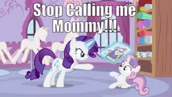 Size: 994x559 | Tagged: safe, derpibooru import, rarity, sweetie belle, caption, image macro, implications, meme