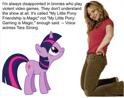 Size: 600x475 | Tagged: background pony strikes again, derpibooru import, drama bait, fake, moms against gaming, mouthpiece, poe's law, safe, seems legit, spiderman thread, tara strong, twilight sparkle, video game