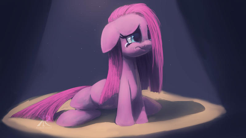 Size: 1600x900 | Tagged: safe, artist:raikoh, derpibooru import, pinkie pie, crying, cute, cuteamena, diapinkes, floppy ears, fluffy, frown, pinkamena diane pie, sad, scene interpretation, solo, spotlight