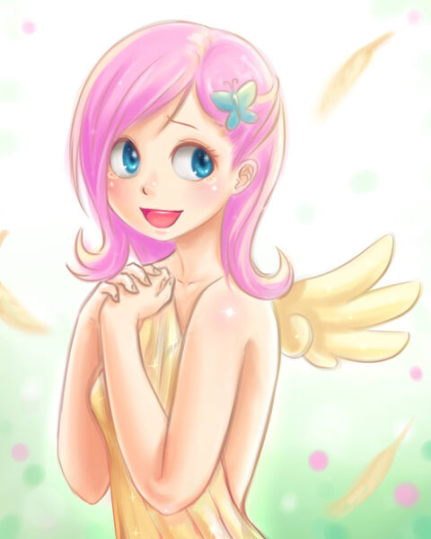 Size: 800x1000 | Tagged: artist:ninjaham, blanket, blushing, covering, cute, derpibooru import, fluttershy, human, humanized, nudity, open mouth, safe, smiling, solo, winged humanization