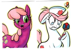 Size: 529x366 | Tagged: artist:retrostarling, cheerilee, derpibooru import, nurse redheart, safe, thermometer, traditional art