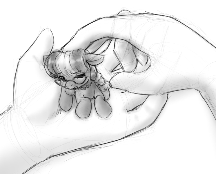 Size: 882x710 | Tagged: safe, artist:alloyrabbit, derpibooru import, silver spoon, pony, hand, holding a pony, micro, monochrome, petting, sketch, tiny ponies