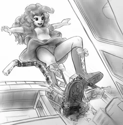 Size: 1224x1244 | Tagged: suggestive, artist:alloyrabbit, derpibooru import, pinkie pie, equestria girls, boots, breasts, city, clothes, cutie mark underwear, destruction, giantess, grayscale, macro, monochrome, panties, panty shot, shoes, skirt, solo, stomping, train, underwear, upskirt