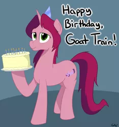 Size: 1687x1801 | Tagged: artist:rapidstrike, birthday cake, cake, derpibooru import, happy birthday, hat, oc, oc:gloomy, party hat, safe, solo, unofficial characters only